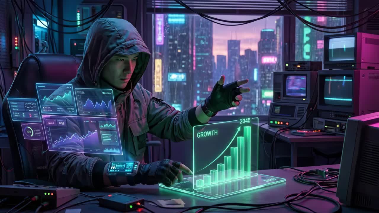 Cyberpunk Hacker Analyzing Stock Market Data