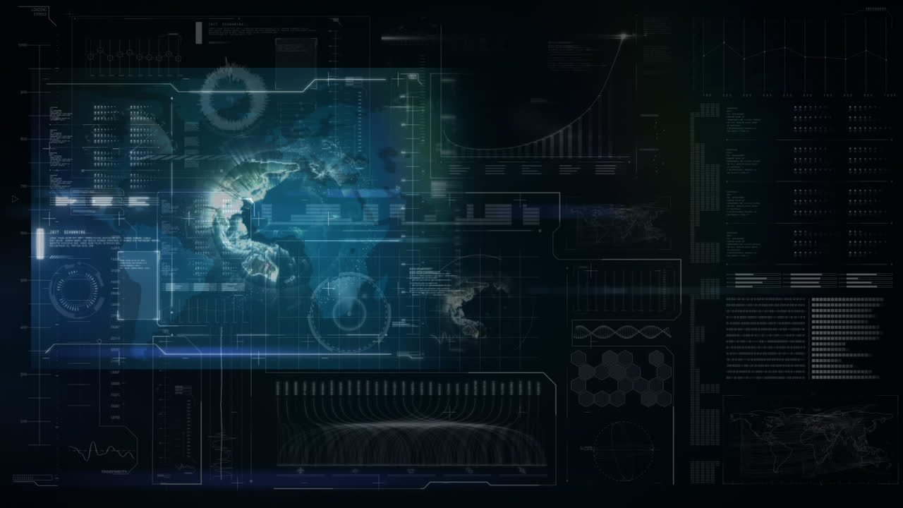 Animation of globe spinning with data processing and network of screens on black background