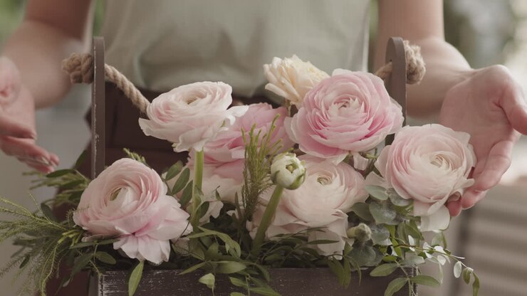 Arranging a Beautiful Pink Ranunculus Bouquet in a Wooden Box
