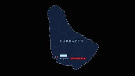 Stylized-Barbados-map-with-Bridgetown-capital-city-and-geographic-coordinates-on-black-background