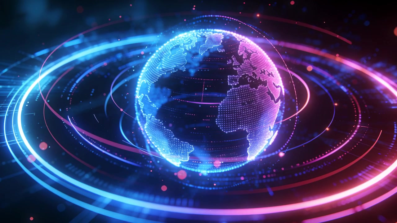 Receiving startup signal, 3D globe rotating and pulsing in digital studio, displaying orbital rings