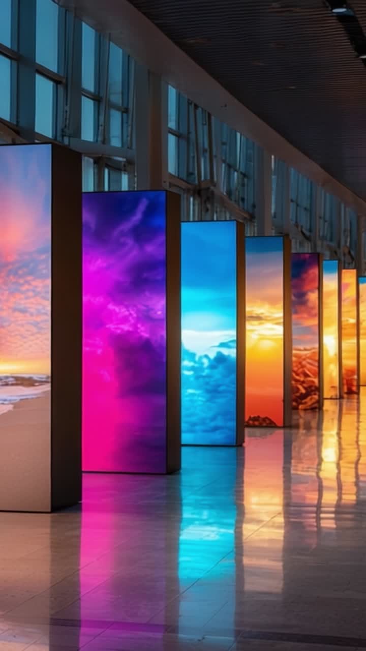 Exibições Vibrantes da Natureza: Uma Deslumbrante Variedade de Telas Digitais Coloridas Destacando Praias Cênicas, Nuvens Dramáticas e Pôr do Sol Serenos em um Espaço Moderno