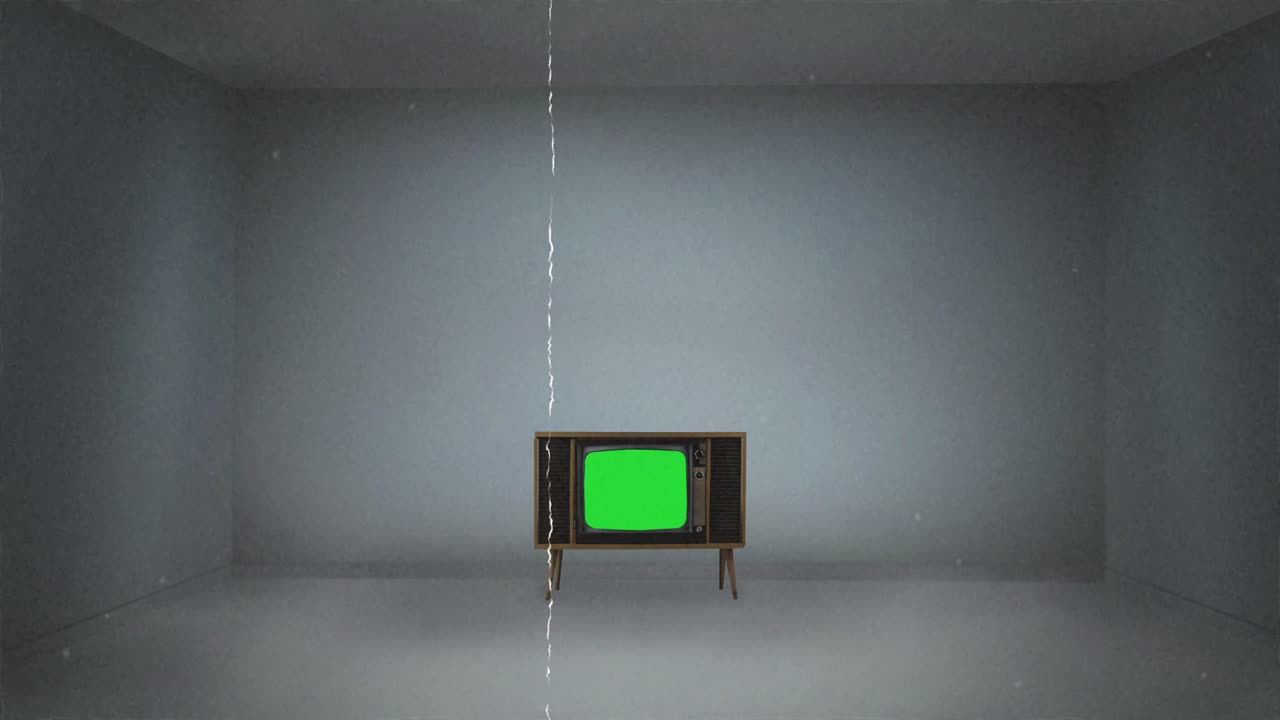 animated green screen empty room with old tv and old movie effect