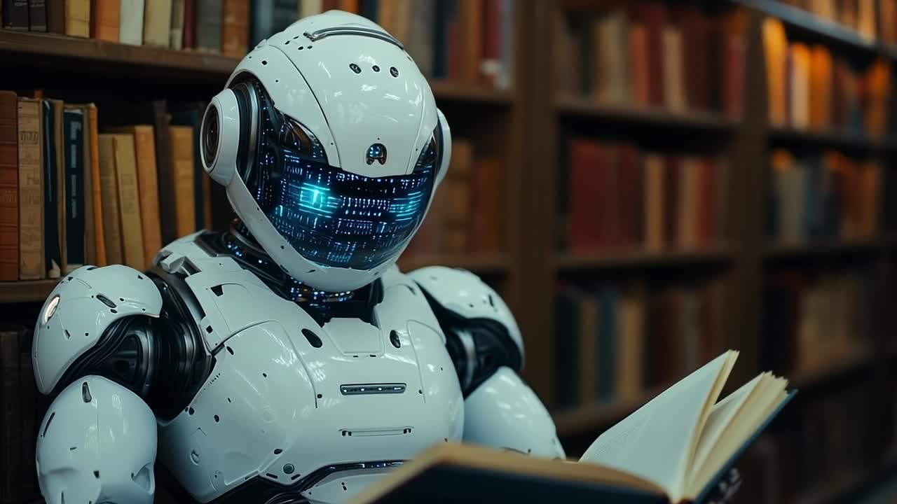 Robot reading book in library setting. A futuristic robot is seated in a library, focused on reading a book among shelves filled with various titles.