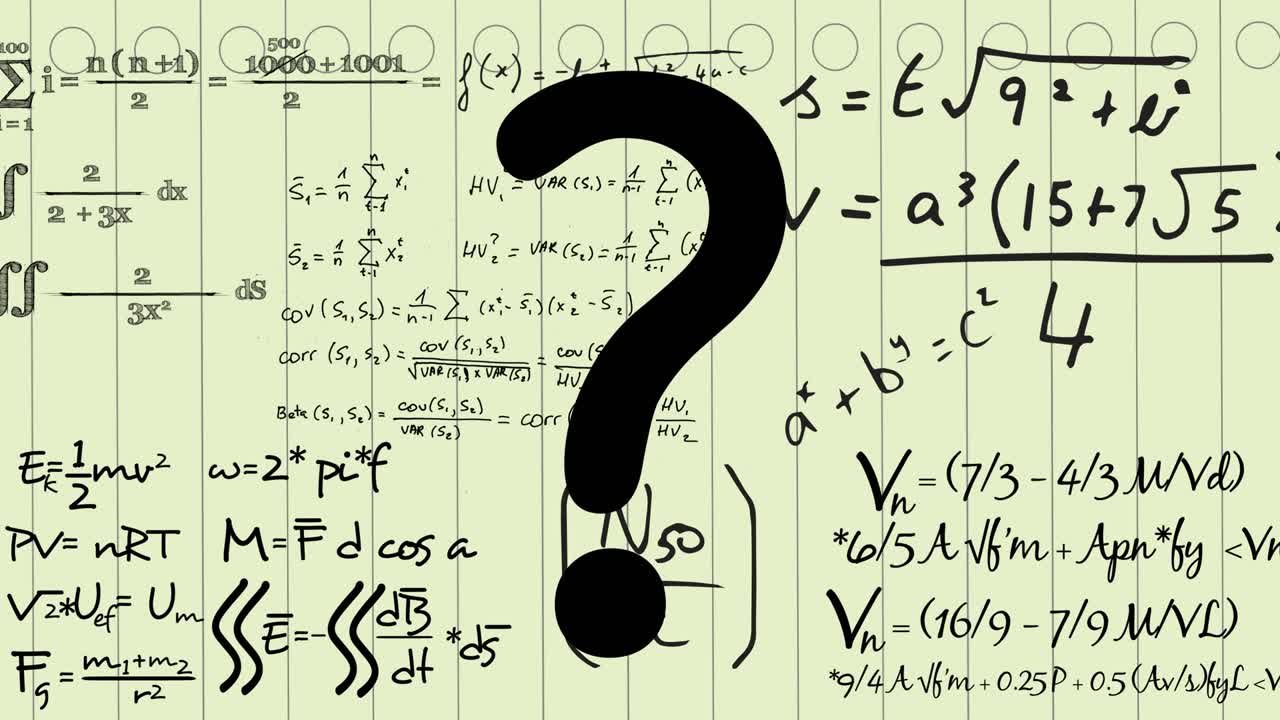 animación de signos de interrogación y ecuaciones matemáticas sobre fondo blanco