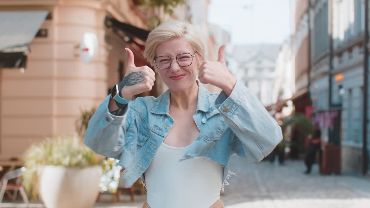 Cheerful young european woman showing double thumbs up gives positive reply standing on city street