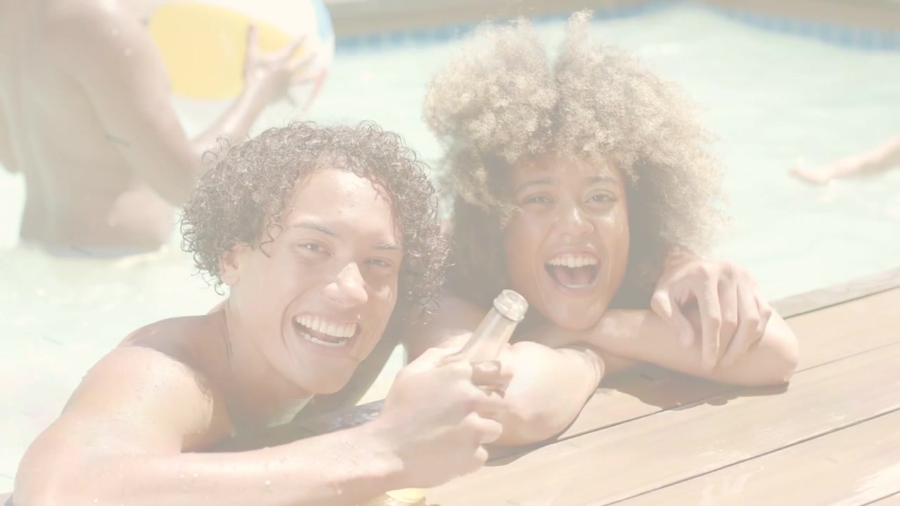 Male holding bottle while female leaning on deck, swimmer moving ball initiating playful marketing
