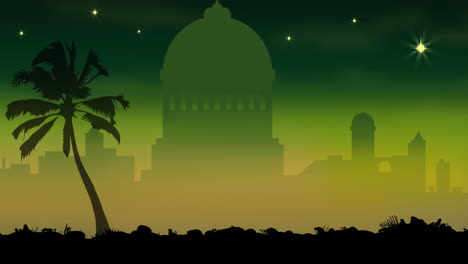 animation of black silhouette of tropical landscape over cityscape on green background