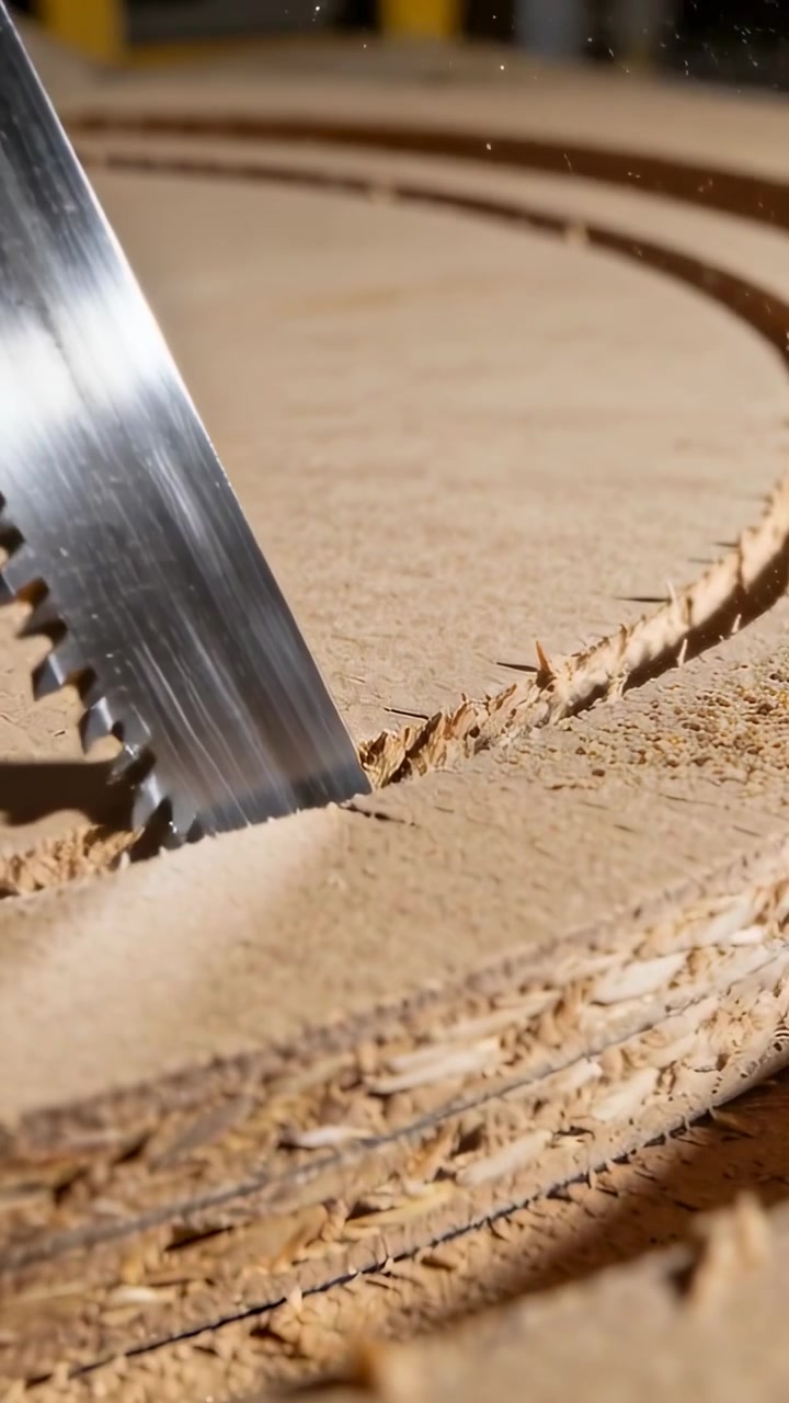 Vertical video: Driving saw blade into wood disc at bench while hand tapping handle, removing layer