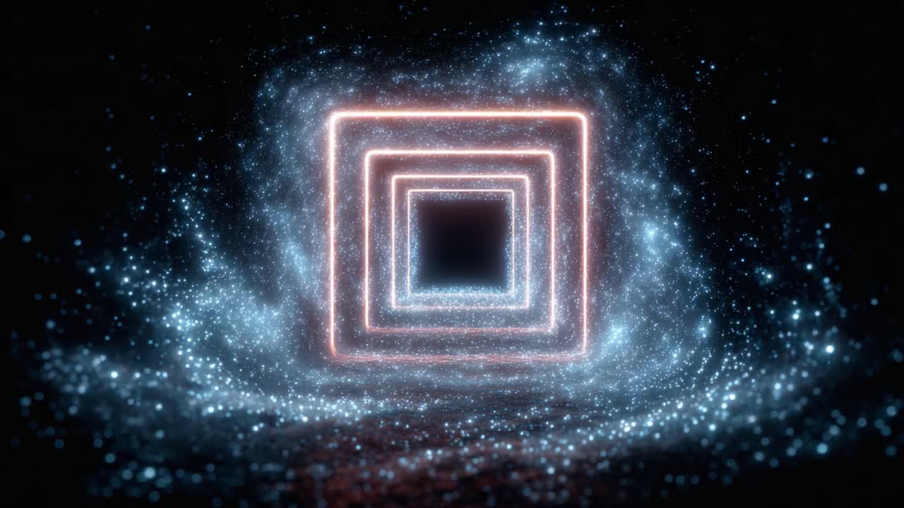 A Stunning Visual Journey Through a Surreal Square Portal Illuminated by Sparkling Particles, Creating a Mesmerizing Digital Environment of Light and Space
