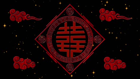 lunar new year, spring festival background with double happiness, simbol, clouds, glittering stars. chinese new year black night backdrop for event. 3d rendering animation. seamless loop 4k video