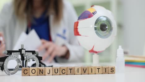 ophthalmologist's desk with 'conjunctivitis' blocks and eye examination tools