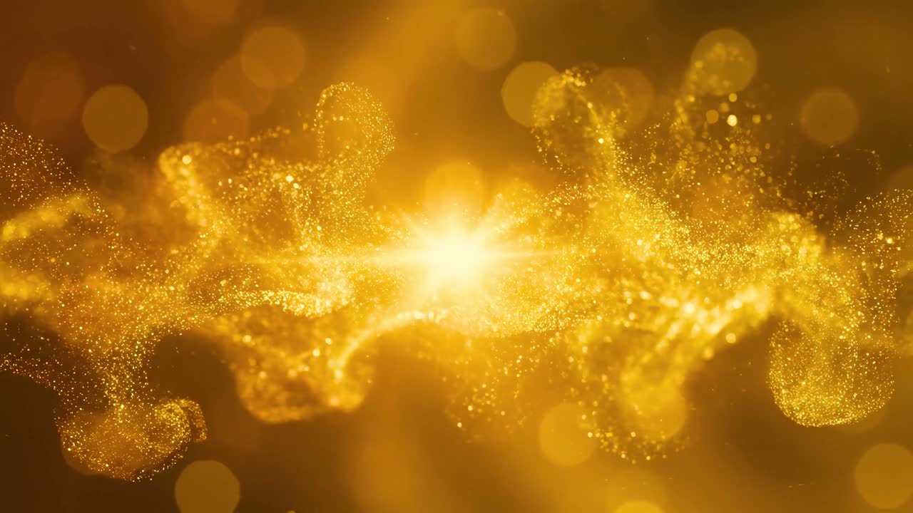 Golden Particles Flowing and Shimmering with Bright Light and Bokeh