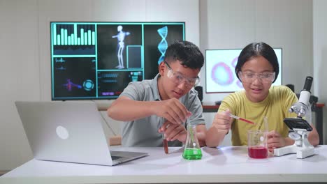 excited young asian boy and girl learning science experiment in laboratory at classroom. study with scientific equipment and test tubes