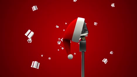 Animation-of-santa-hat-on-vintage-microphone-with-christmas-presents-falling-on-red-background