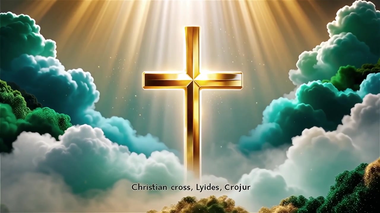 Croix chrétienne, lumière céleste, fond de culte.