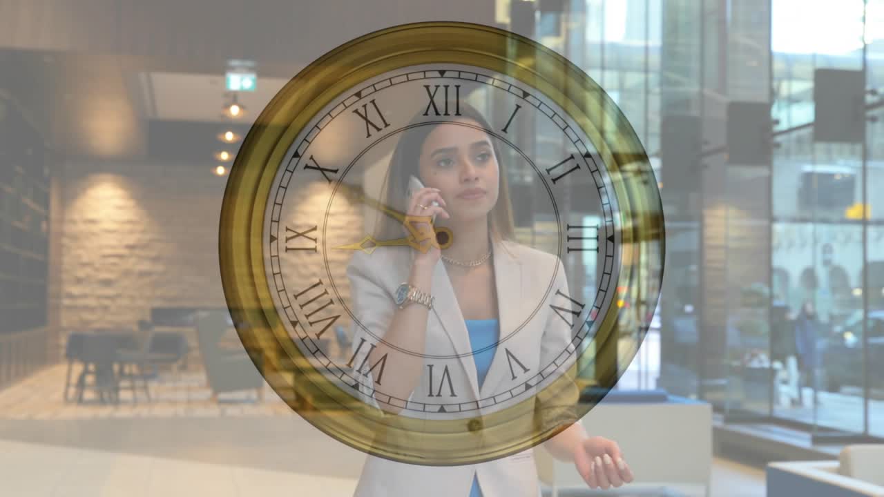 Translucent analog clock appearing as business manager calling smartphone in lobby, tracking time