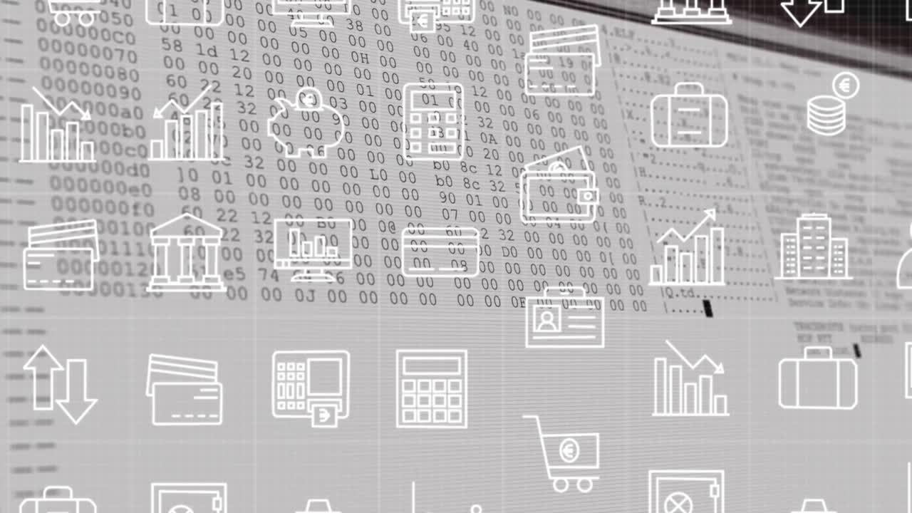 Animation of currency icons and financial data processing over screen