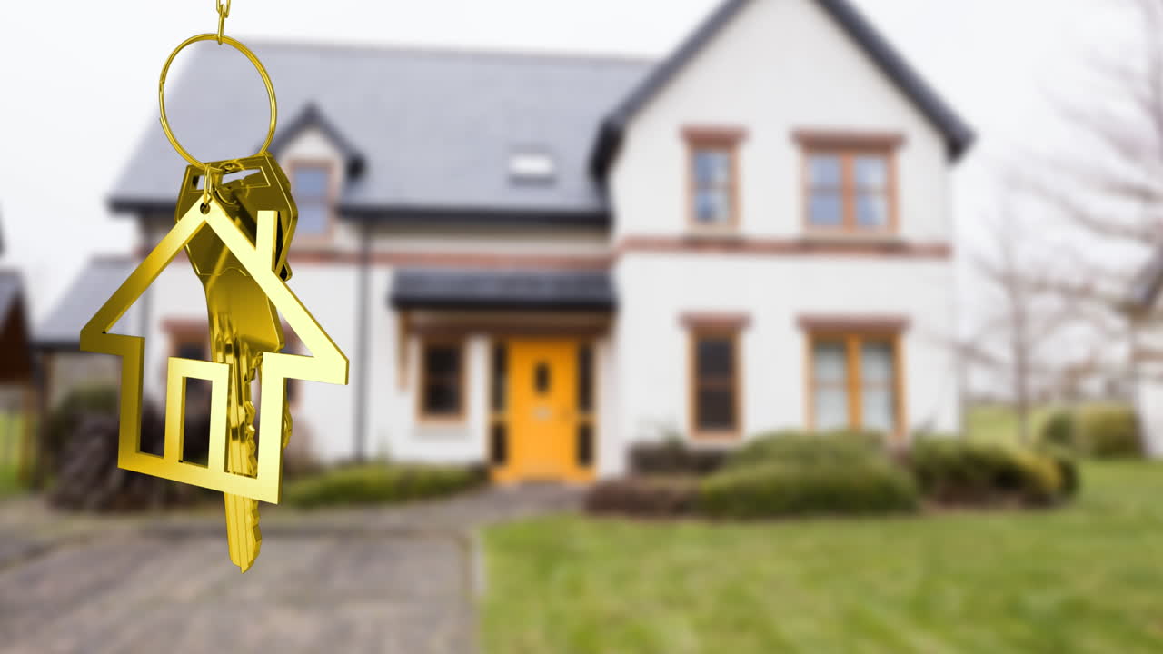 Animazione di chiavi di casa d'oro e un portachiavi su una casa