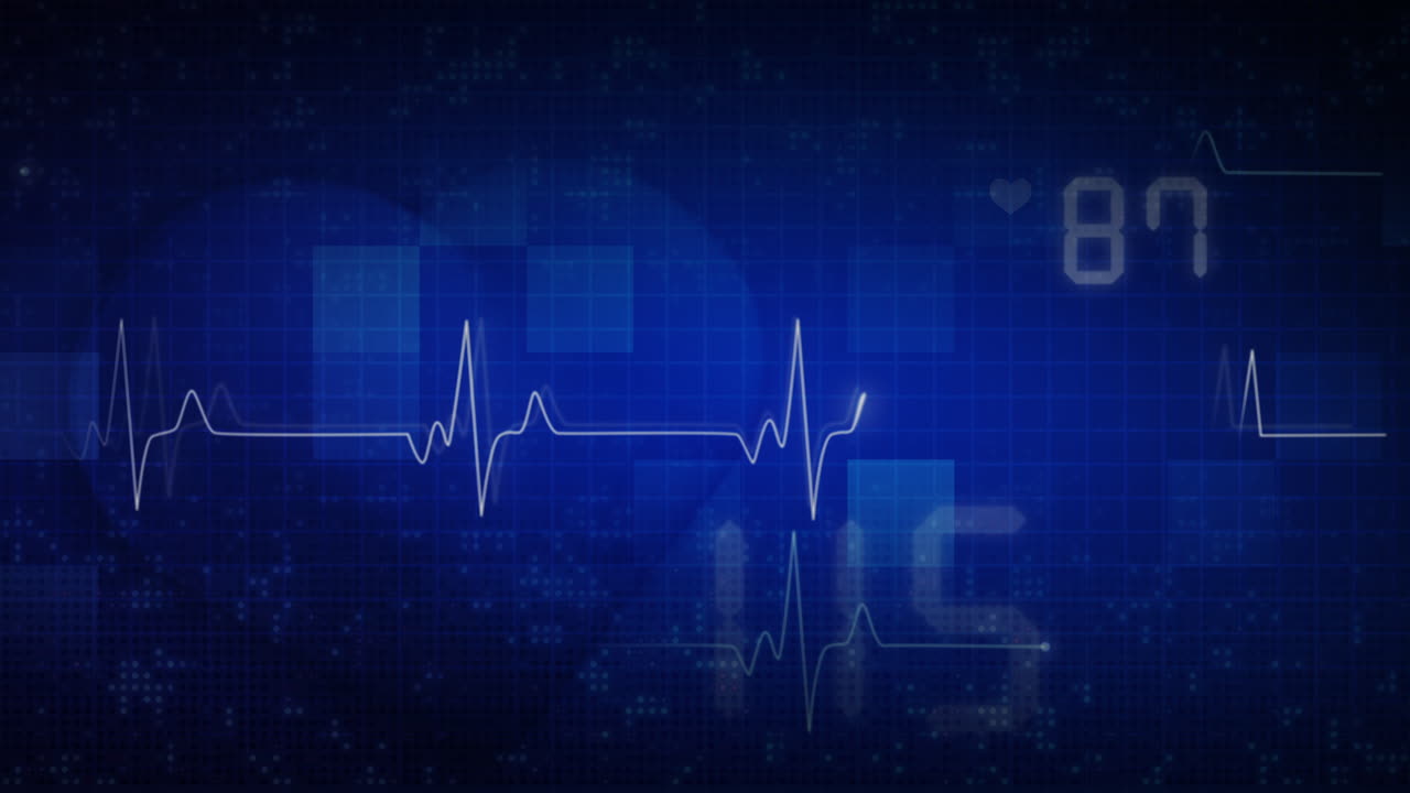 Blue abstract medical background. Animated heart cardiogram line graphics. Numbers and pixels with healthcare symbols. Looped animation.