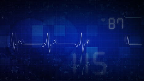 blue abstract medical background. animated heart cardiogram line graphics. numbers and pixels with healthcare symbols. looped animation.