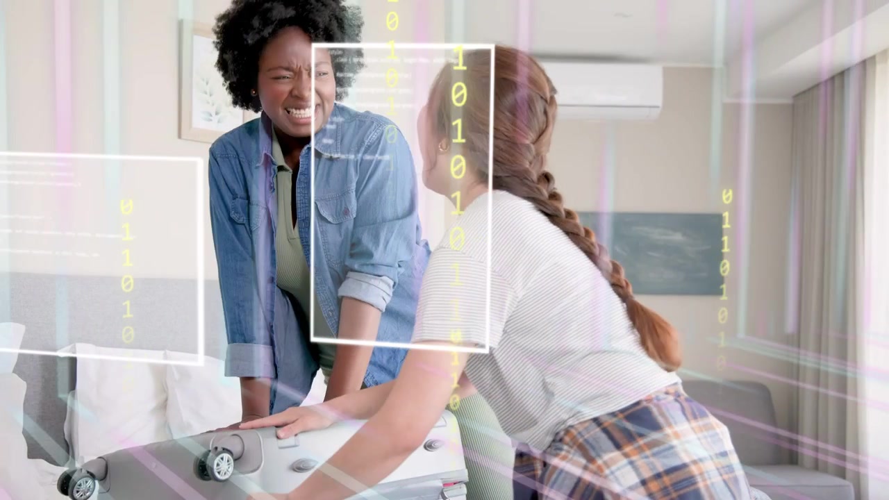 Two women packing suitcase on bed, preparing for travel securing suitcase while UI overlays popping