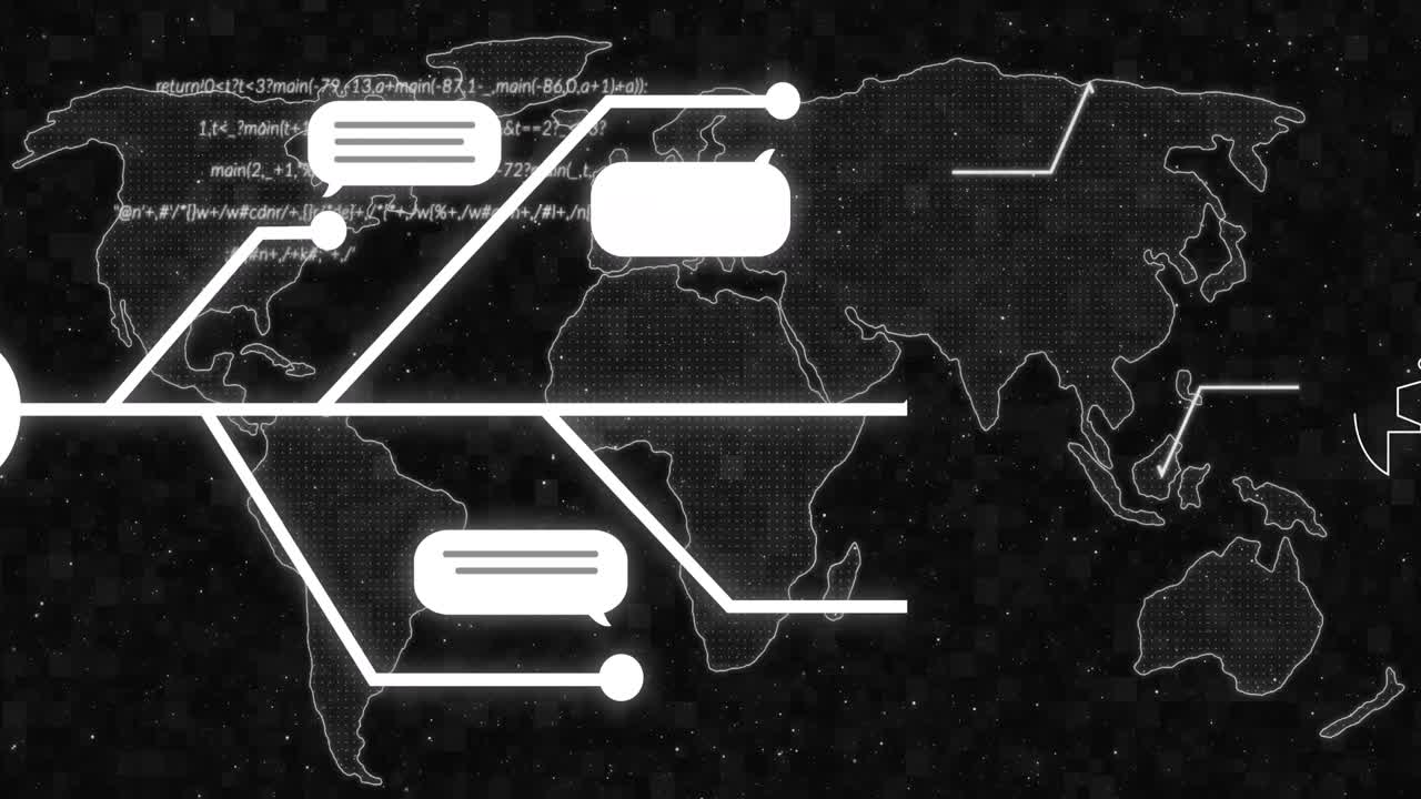animación de chat artificial y procesamiento de datos sobre el mapa del mundo