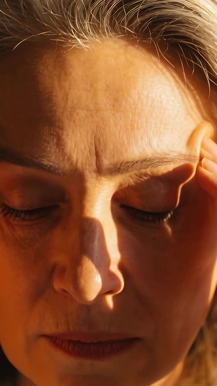 Video verticale: Donna che reagisce alla luce del sole, premendo la mano destra sulla tempia vicino alla finestra, in pausa.