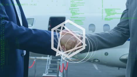 animation of moving geometrical shapes and data processing over people shaking hands