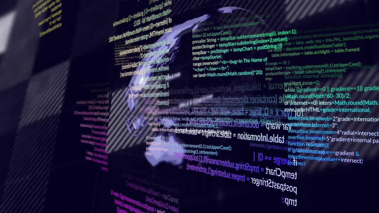 Code fragments drifting, starting world silhouette transforming rotating globe showing code flow