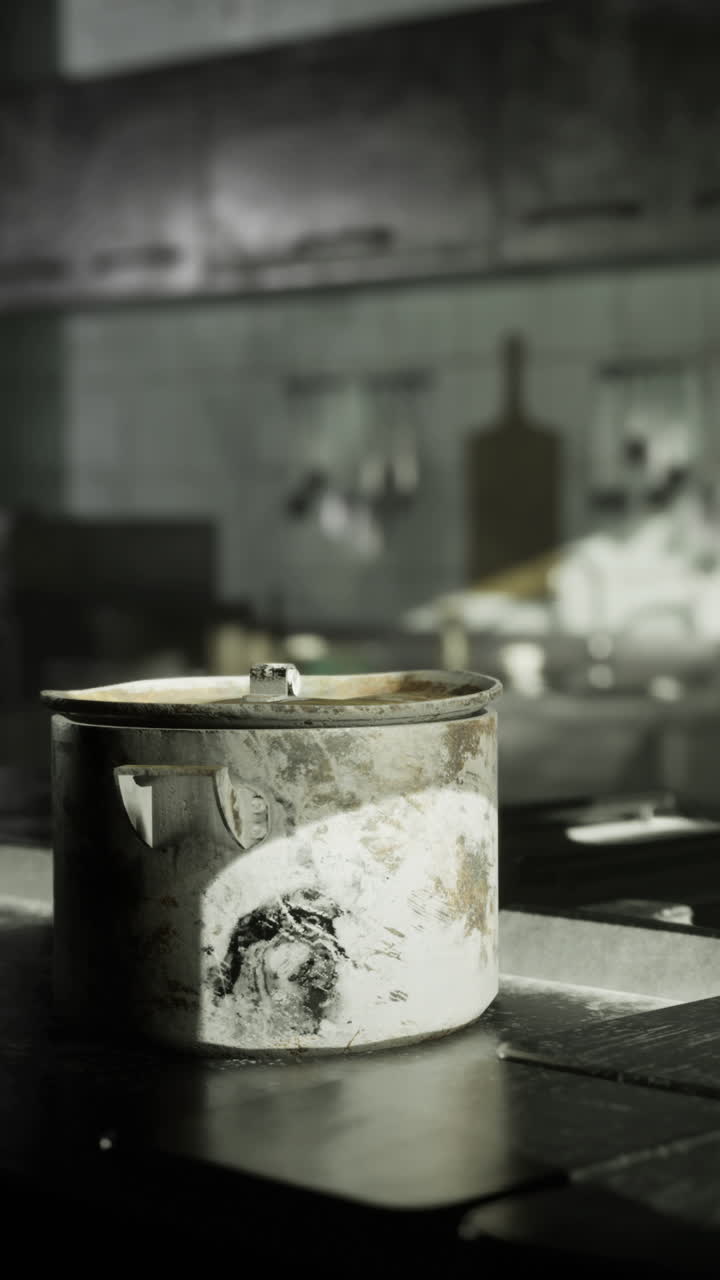 Old pot on a kitchen counter with soft light in the background