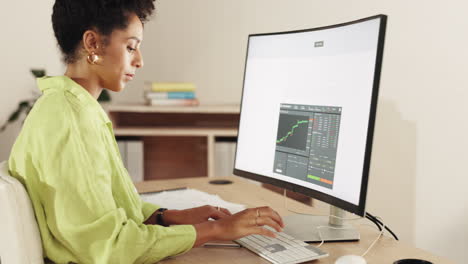 black woman, writing and computer for stock market