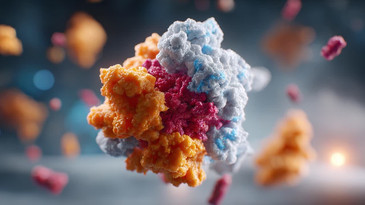 Dynamic Molecular Structures: A Stunning Visual Exploration of Colorful Proteins and Complex Biomolecules in Motion, Representing Life's Intricate Mechanisms