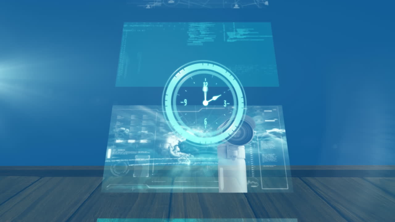 animación de reloj en movimiento y procesamiento de datos diversos en pantallas en segundo plano