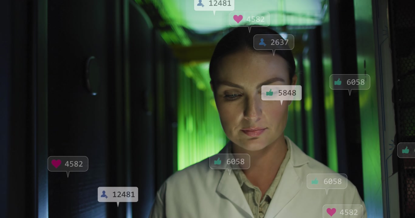 Animation of social media icons over thoughtful caucasian female engineer working at server room