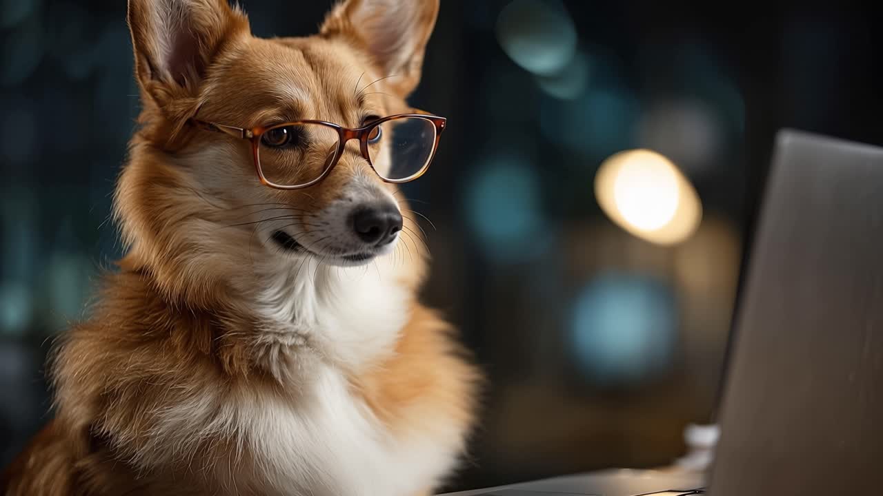 Un perro inteligente con gafas usa un portátil. Se concentra intensamente en la pantalla. La iluminación cálida añade una sensación acogedora. Perfecto para escenas de trabajo divertidas. El perro parece pensativo y curioso. Ideal para temas de tecnología o negocios.