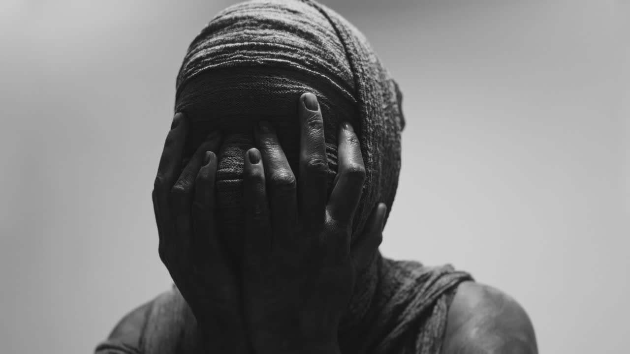 A mummified woman against the bright background in keeps her hands on her face the powerful pose full of despair