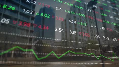 animación del procesamiento de datos financieros sobre edificios de la ciudad