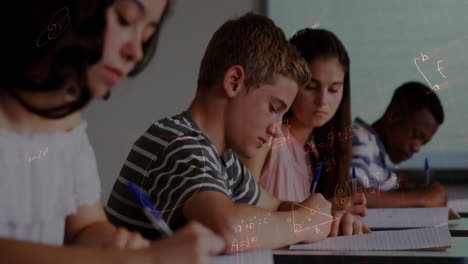 animation of mathematical equations over school children writing in classroom