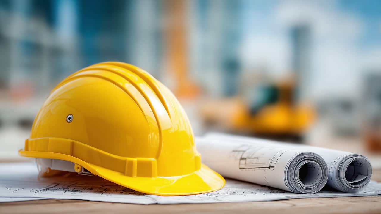 A Construction Scene Featuring a Yellow Safety Helmet and Architectural Blueprints on a Work Surface Amidst a Busy Building Environment