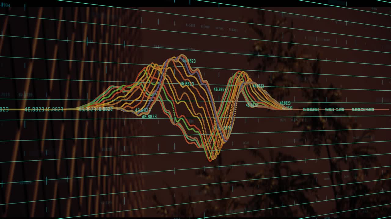 Frame one lines rising into oscillating multi-colored waveform showing amplitude via green labels