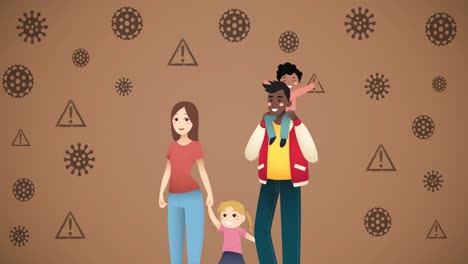 Animation-of-illustration-of-smiling-parents-walking-with-children,-and-danger-signs-and-covid-cells