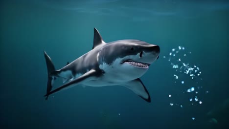 majestic great white shark gliding gracefully through the deep blue ocean, showcasing its powerful build and natural elegance in aquatic environment