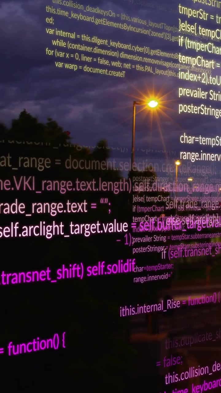 Vertical video: Initial code overlay appearing drifting right, showing lit streetlamp and trees