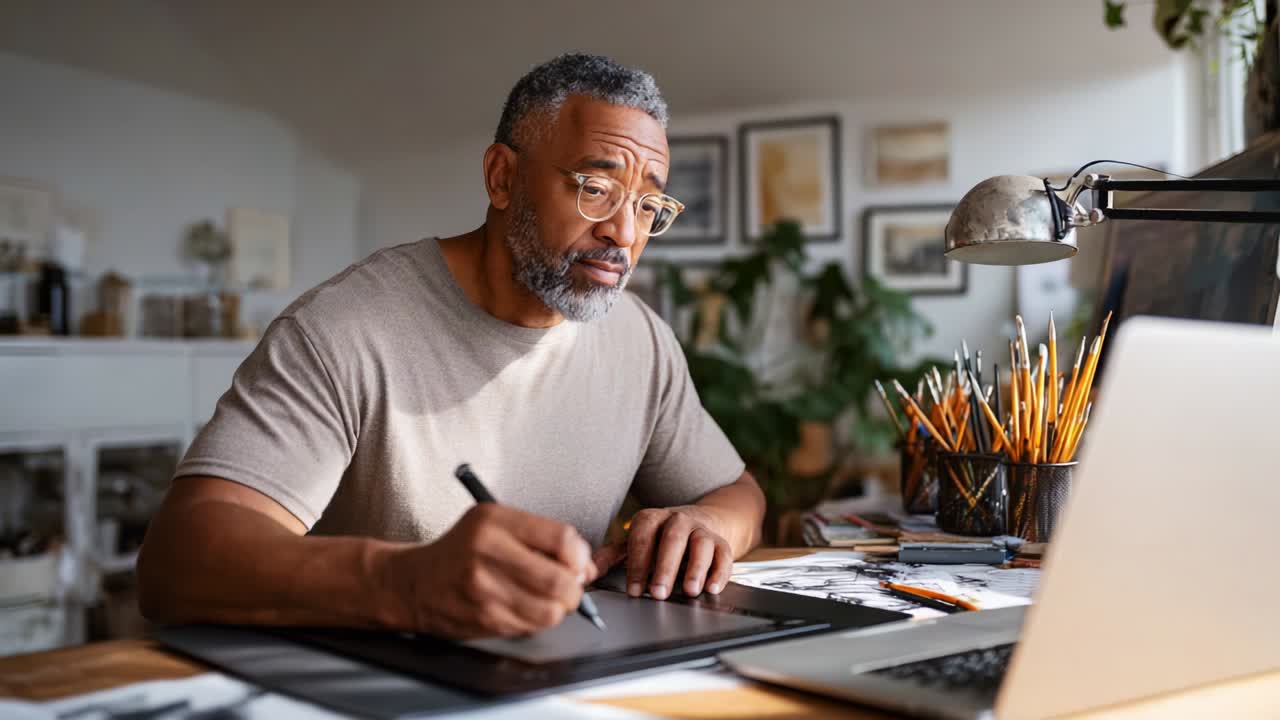 A focused artist deeply engaged in his creative process, sketching on a tablet with a serene workspace filled with art supplies, surrounded by inspiring decor that sparks creativity and vision