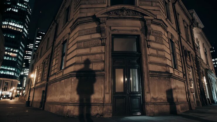 Angolo di un vecchio edificio di notte con l'ombra di un uomo.