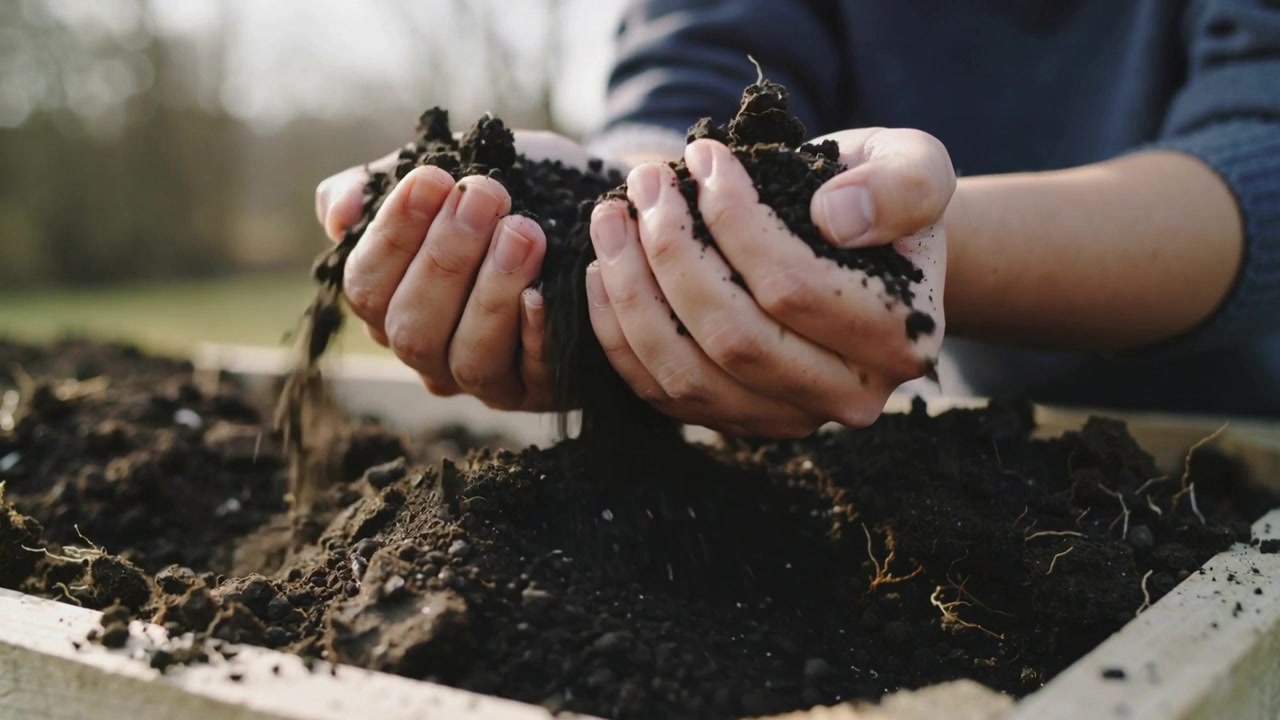 Bringing hands together, arms in blue sweater cupping potting soil over planter, preparing bed