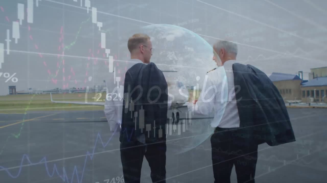 Animation of globe, binary coding and data processing over caucasian businessmen