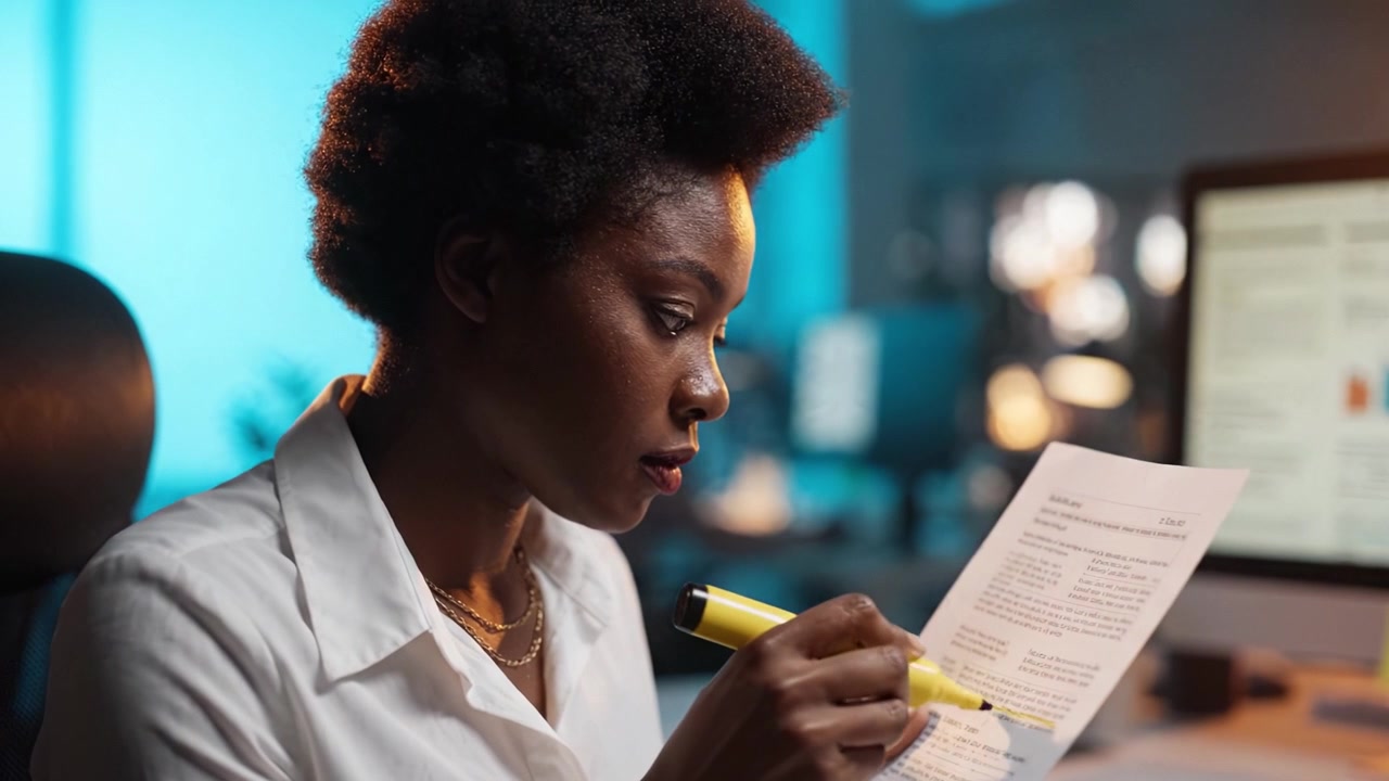 Young professional woman with natural hair reviewing documents in a modern office environment, using a highlighter to emphasize important points and analyze information.