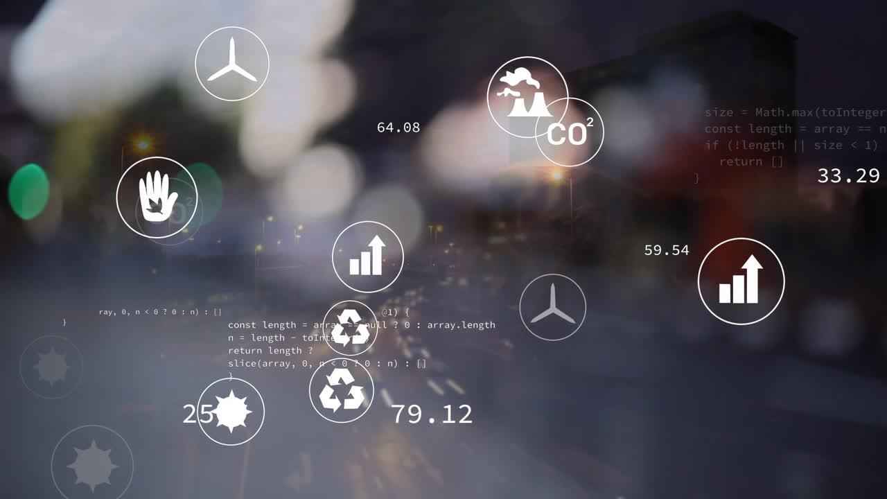 다수의 디지털 아이콘의 애니메이션은 야간 도시 교통의 타임  ⁇ 스 항공 뷰에 대항합니다.